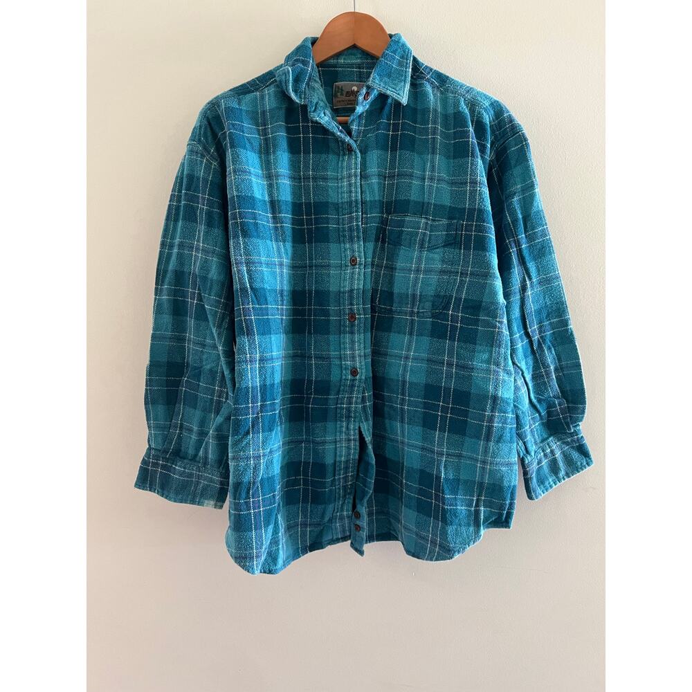 EMS 100% Cotton Casual Button Down Flannel Shirt Teal Size Large JL